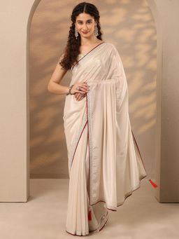 Libas - Solid Silk Blend Saree with Unstitched Blouse - Cream