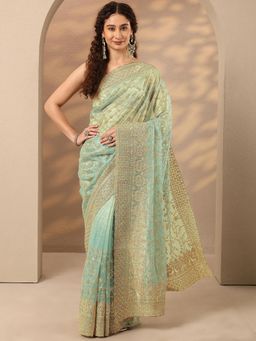 Libas - Embroidered Net Saree with Unstitched Blouse - Green