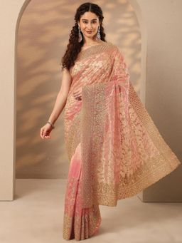 Libas - Embroidered Net Saree with Unstitched Blouse - Pink