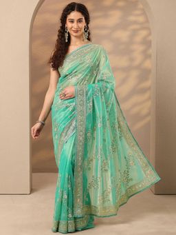 Libas - Embroidered Net Saree with Unstitched Blouse