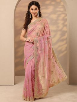 Libas - Embroidered Net Saree with Unstitched Blouse