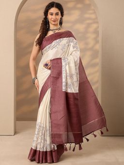 Libas - Floral Woven Silk Blend Saree with Unstitched Blouse - Wine