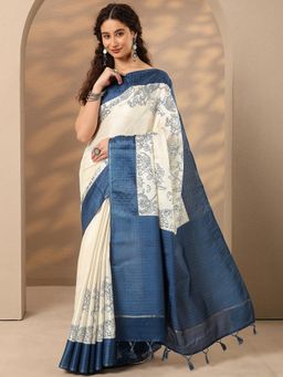 Libas - Floral Woven Silk Blend Saree with Unstitched Blouse - Blue