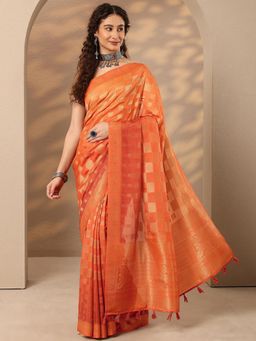 Libas - Woven Design Silk Blend Saree with Unstitched Blouse - Orange