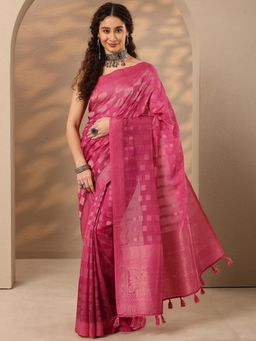 Libas - Woven Design Silk Blend Saree with Unstitched Blouse - Pink
