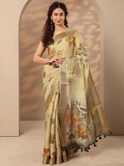 Libas - Printed Silk Blend Saree with Unstitched Blouse - Beige