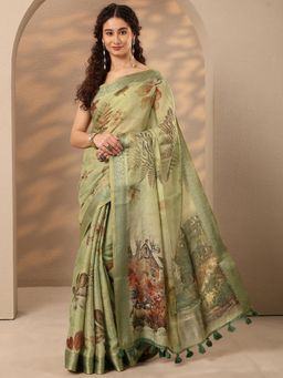 Libas - Printed Silk Blend Saree with Unstitched Blouse - Green
