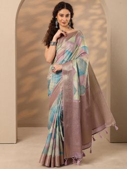 Libas - Printed Silk Blend Saree with Unstitched Blouse - Multi-Color