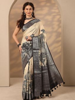 Libas - Floral Printed Silk Blend Saree with Unstitched Blouse
