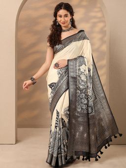 Libas - Floral Printed Silk Blend Saree with Unstitched Blouse