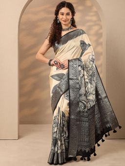 Libas - Floral Printed Silk Blend Saree with Unstitched Blouse
