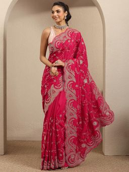 Libas - Floral Embroidered Silk Blend Saree with Unstitched Blouse