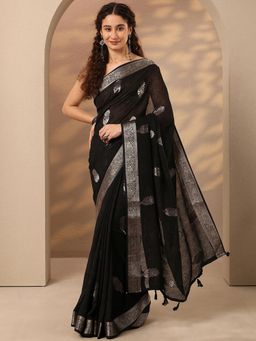 Libas - Floral Woven Design Silk Blend Saree with Unstitched Blouse - Black