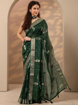 Libas - Floral Woven Design Silk Blend Saree with Unstitched Blouse - Green