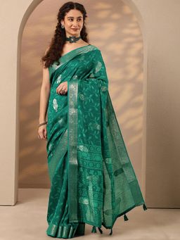 Libas - Floral Woven Design Silk Blend Saree with Unstitched Blouse - Green