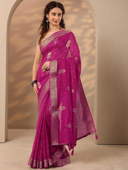 Libas - Floral Woven Design Silk Blend Saree with Unstitched Blouse - Pink