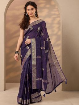 Libas - Floral Woven Design Silk Blend Saree with Unstitched Blouse - Purple