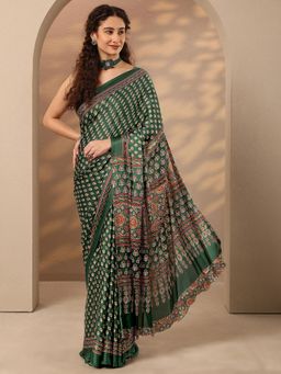 Libas - Floral Printed Satin Saree with Unstitched Blouse - Green