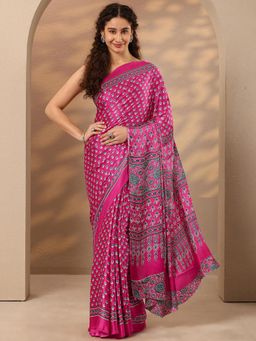 Libas - Floral Printed Satin Saree with Unstitched Blouse - Pink