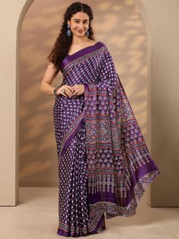 Libas - Floral Printed Satin Saree with Unstitched Blouse - Purple