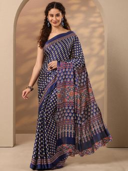 Libas - Floral Printed Satin Saree with Unstitched Blouse - Navy Blue