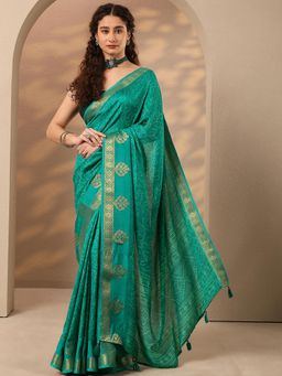 Libas - Woven Design Silk Blend Saree with Unstitched Blouse - Green