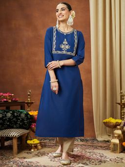 Janasya - Women's Navy Blue Chanderi Silk Zari Yoke Embroidered Straight Kurta