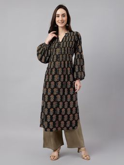 Janasya - Women's Dark Black Pure Cotton Floral Printed A-Line Kurta