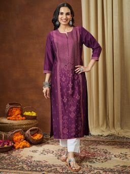 Janasya - Women's Purple Silk Blend Floral Printed Straight Kurta