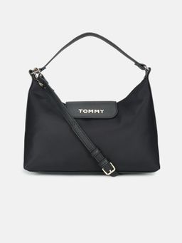Tommy Hilfiger - Solid Black Nylon Shoulder Bag with Detachable Stap