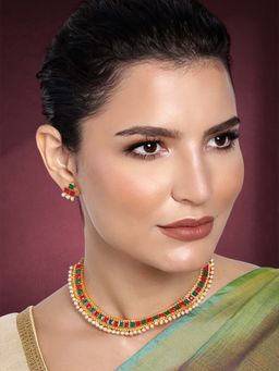 Peora - Red Green Studded Necklace Set for Women