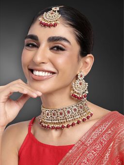 Peora - Maroon Crystal Choker Floral Necklace Chandbali Earring Maang Tikka Set for Women