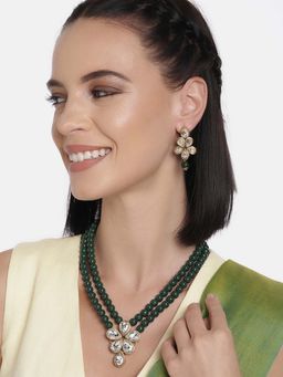 Peora - Pearl Beaded White Choker & Green Necklace Combo Set with Stud Drop Earrings