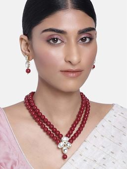 Peora - Maroon Kundan Long Necklace Earring Set for Women