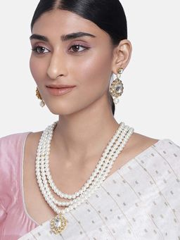 Peora - White Kundan Pearl Long Necklace Earrings Set for Women