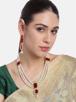 Peora - Maroon Kundan Long Necklace Earring Set for Women