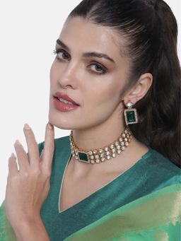 Peora - Green Kundan & Crystal Choker Necklace Earring Set for Women