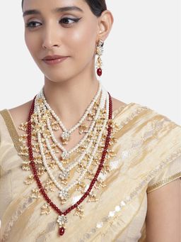 Peora - White Maroon Floral Multi Layered Long Necklace Earrings Set for Women