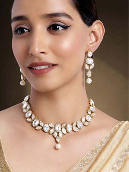 Peora - Ethnic Crystal Studded White Choker Necklace Earring Set for Women