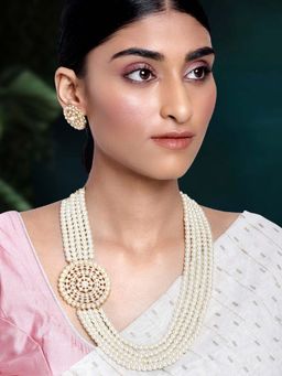 Peora - 5 Layer White Kundan Pearl Long Necklace Earrings Set for Women