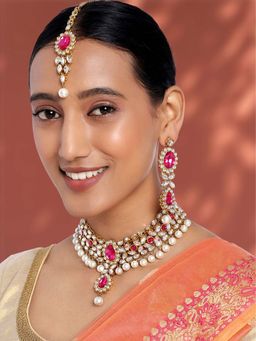 Peora - Kundan Pearl Choker Necklace Set with Earrings for Women