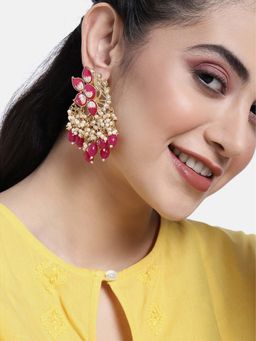 Peora - Rani Pink Meena Work Pearl Kundan Studded Dangle Drop Earring for Women
