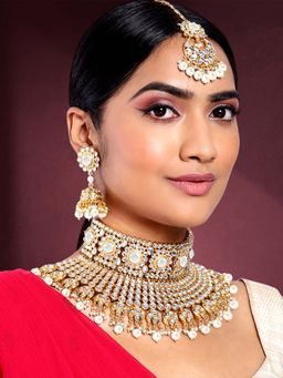 Peora - Rani Padmavati Kundan Pearl Bridal Big Choker Necklace Earrings Maang Tikka Set