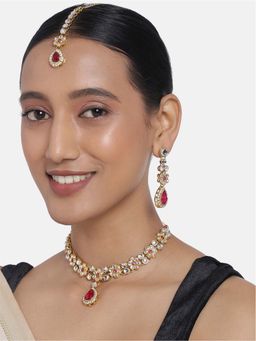 Peora - Crystal Rani Pink Kundan Necklace Earring Maang Tikka Set for Women