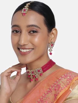 Peora - Pearl Beaded Choker Necklace Earring Maang Tikka Set for Women