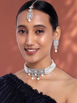 Peora - Silver Plated Pearl Beaded Choker Necklace Earring Maang Tikka Set for Women
