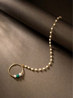 Peora - Ethnic Bridal Green Nose Ring Nath Pearl Beaded Chain without Piercing