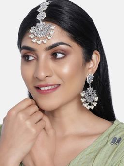 Peora - Silver Plated Kundan Pearl Chandbali Earrings Maang Tikka Set for Women