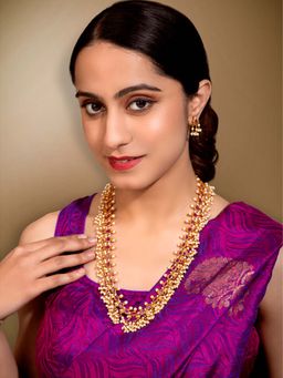 Peora - Designer Red Long Necklace Pearl Dangle Earring Set for Women