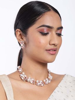 Peora - Pearl Cubic Zirconia Studded Rose Gold Toned Necklace Earring Set for Women